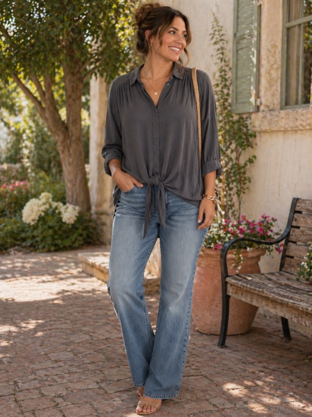 Anthropologie Maeve Tie Front Blouse ✨ Oversized Charcoal Button Down Chic Top